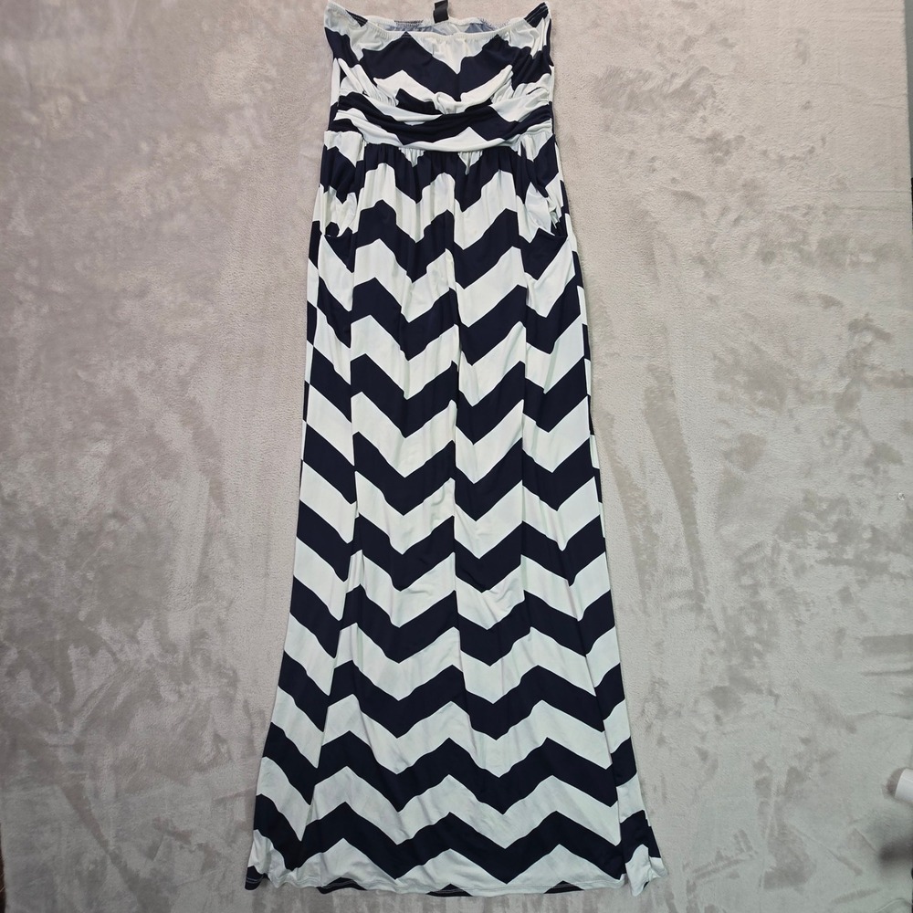 Windsor Navy Blue White Chevron Strapless Maxi Dress Pockets Sweetheart Ruched